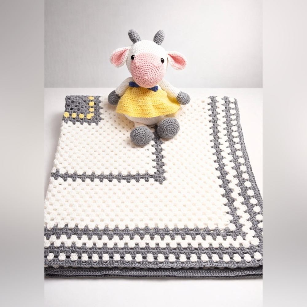 Handmade 100% Cotton Crochet Baby Blanket & Cow Set